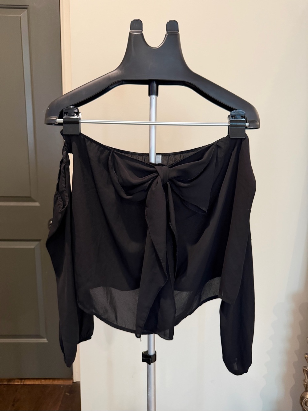 Black Off Shoulder Tie Front Blouse Small Sheer Long Sleeve Top